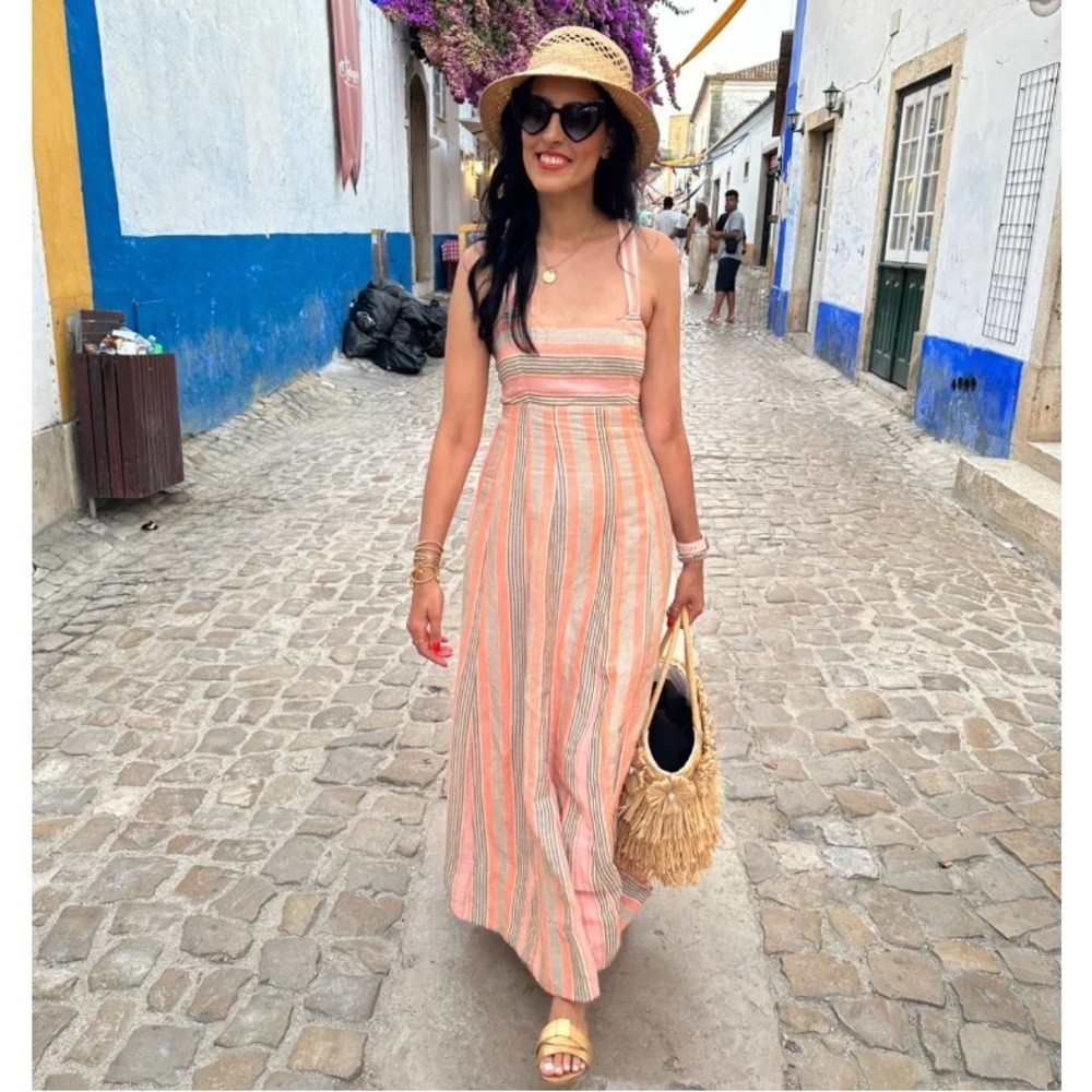 Anthropologie Maeve Square-Neck Tie-Back Maxi Dress Pink Stripe Linen Size 6
